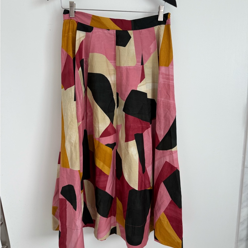 Zara Pink Abstract Print Circle Skirt with Black, Cream & Mustard Accents - Picture 1 of 4